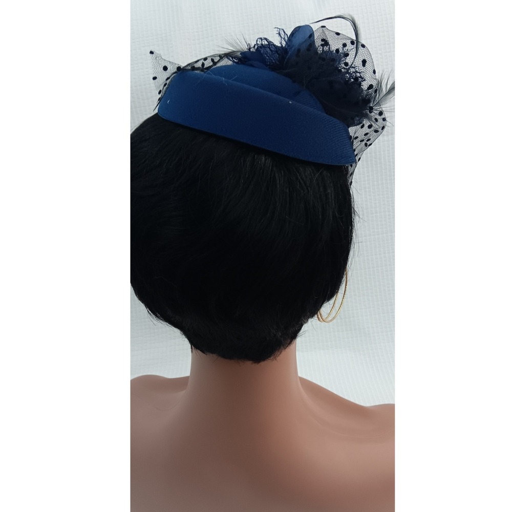 Vintage Style Navy Blue Fascinator Hat Polka Dot Veil Floral Hair Clip Accessory - Picture 3 of 5